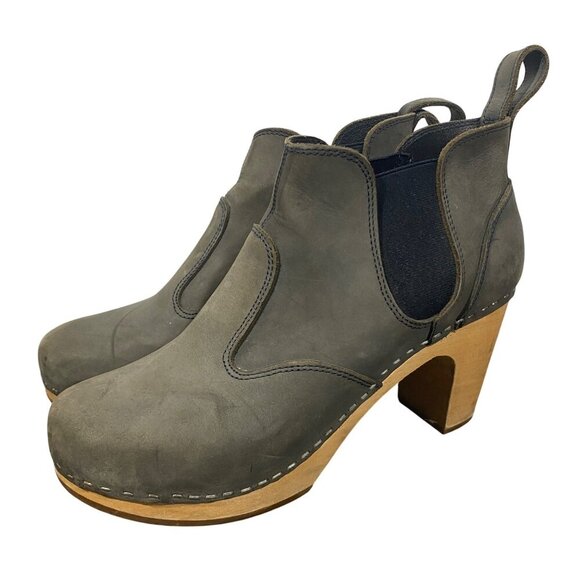 Swedish Hasbeens Gray nubuck Leather Heeled Clogs Wooden Sole Chelsea boots 39 - Picture 1 of 14